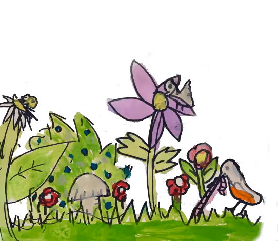 Whimsical garden scene with purple flower, mushrooms, and colorful leaves